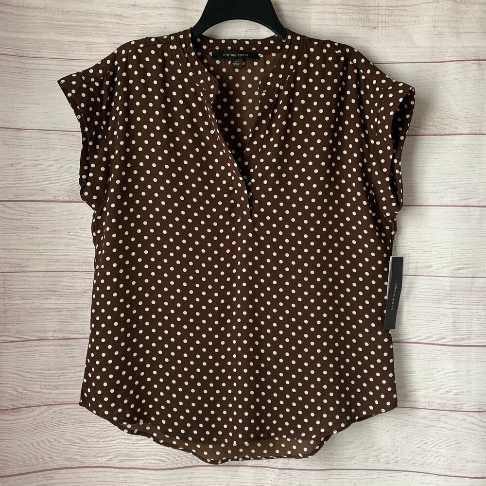 Cynthia Steffe Brown White Polka Dot Blouse Short Sleeve Size M